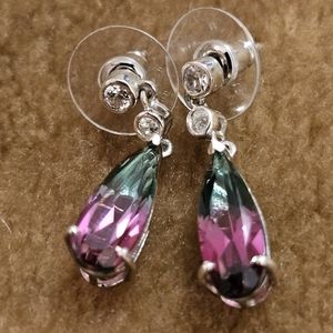 2.7 cm long, Watermelon Quartz, White Zircon, 925 Silver, Dangle Earrings,NWT